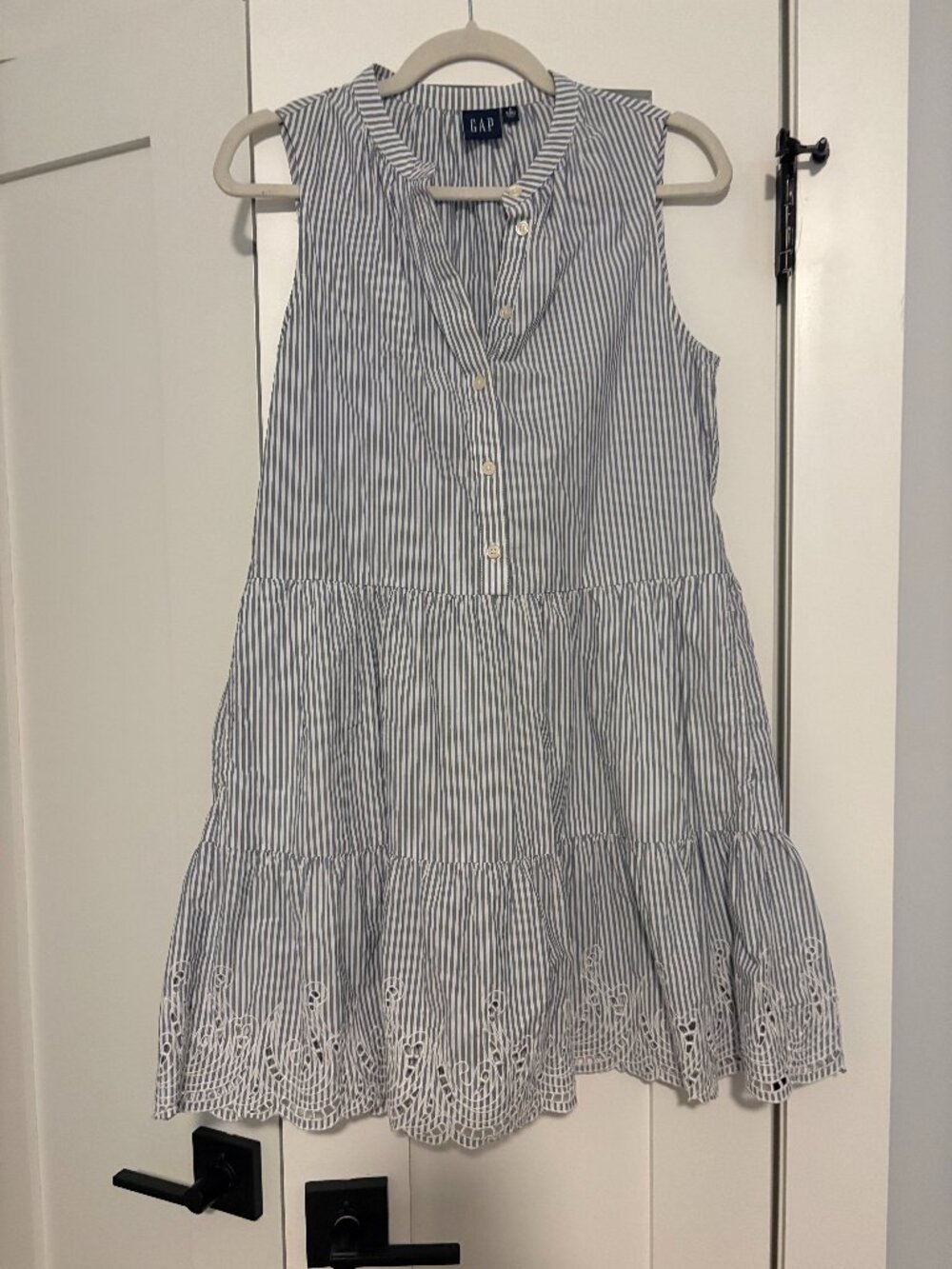 Gap Tiered Poplin Dress - Blue white stripes with embroidered edge